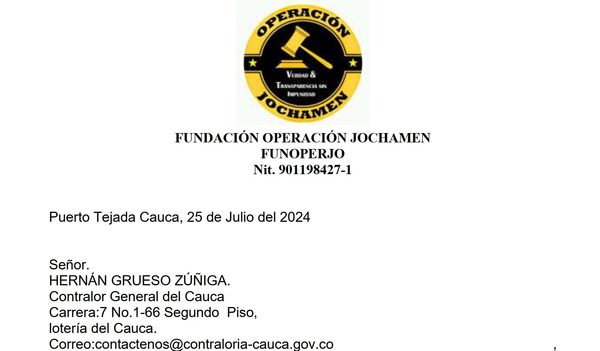 Fundación Operación Jochamen solicita al Contralor General del Cauca acceso a información clave sobre la gestión financiera y de auditoría de la Gobernación para el periodo 2023