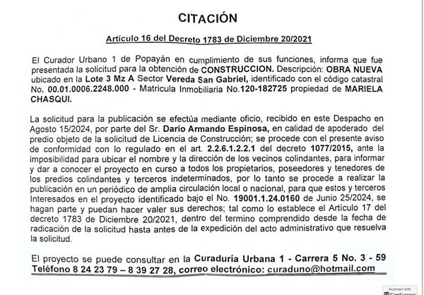 Solicitud de Licencia Urbanística de Construcción para el predio, ubicado en la vereda San Gabriel, propiedad de Mariela Chasqui