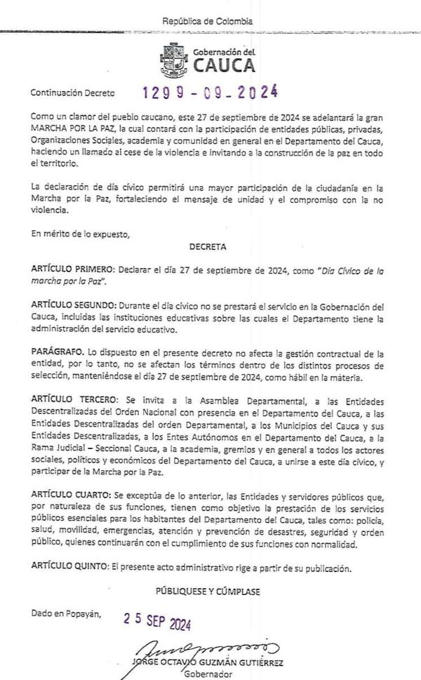 Gobernación del Cauca decreta día cívico este 27 de septiembre