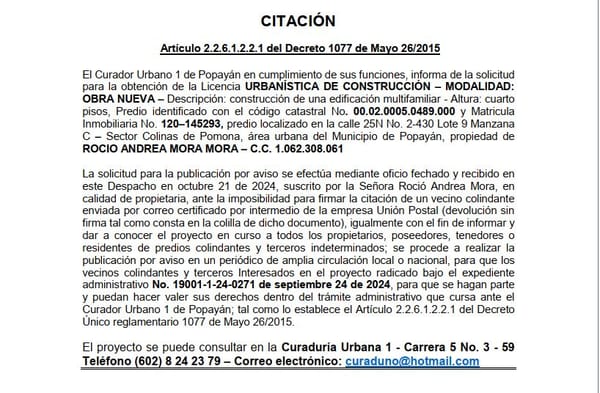 Solicitud de Licencia Urbanística de Construcción para el predio, localizado en la calle 25N No 2-430 lote 9 Manzana C-Sector  Colinas de Pomona