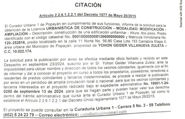 Solicitud de Licencia Urbanística de Construcción para el predio, localizado en la calle 11 Norte No 56-80 Casa Lote 153 Cantabria, propiedad de Yohon Geider Villanueva Zulete