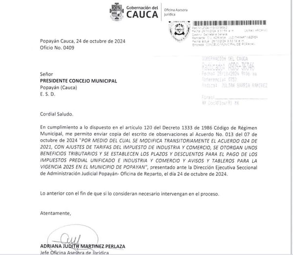 Popayán en disputa por el Acuerdo No. 013: Gobernación del Cauca cuestiona legalidad de los ajustes tributarios del Concejo Municipal