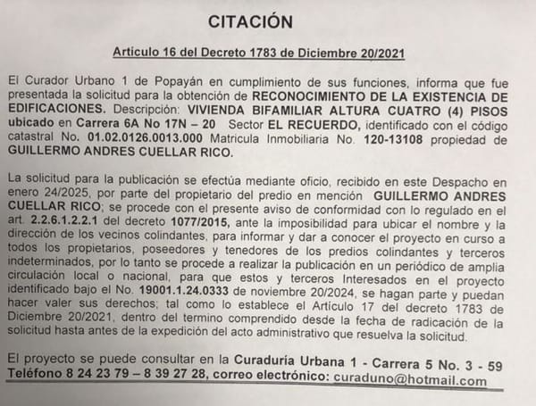 Aviso de citación para reconocimiento de edificación en el sector el Recuerdo, propiedad del señor Guillermo Andrés Cuellar Rico