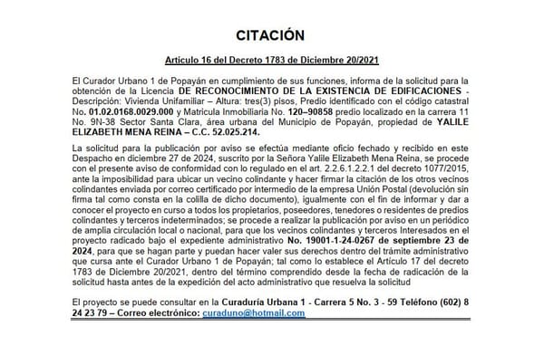 Solicitud de Licencia para Reconocimiento de Edificaciones en el Predio Ubicado en Carrera 11 No. 9N-38, Sector Santa, Propiedad de Yalile Elizabeth Mena Reina