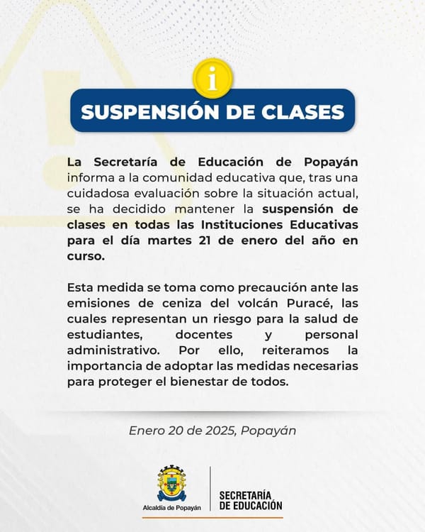 Popayán sigue en alerta: suspensión de clases por emisiones del volcán Puracé