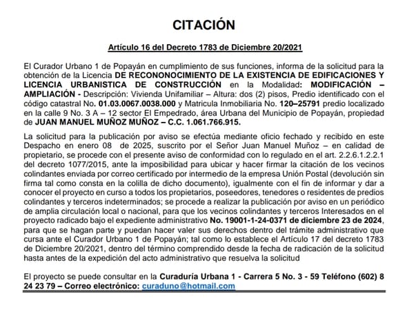 Solicitud de Licencia Urbanística de Construcción para el predio, localizado en la calle 9 Nro 3a-12, propiedad de Juan Manuel Muñoz Muñoz