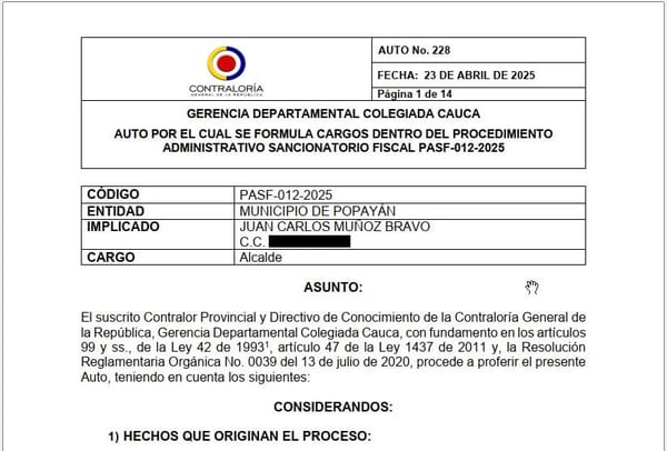 Contraloría formula cargos al actual alcalde de Popayán por inconsistencias heredadas en subsidios de agua potable