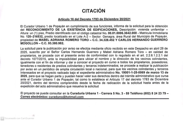 Solicitud de reconocimiento de la existencia de edificaciones para el predio localizado en el lote A-2 Sector Genagra, propiedad de Mabel Adriana Romero Toro y Carlos Hernando Romero Mogollón
