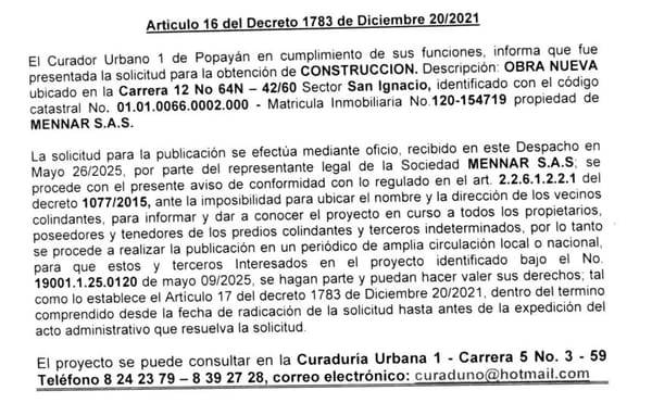 Solicitud de Licencia Urbanística de Construcción para el predio ubicado en la Carrera 12 No 64N-42/60 Sector San Ignacio, propiedad de MENNAR S.A.S.