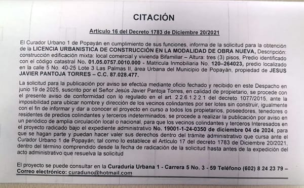 Solicitud de licencia urbanística de construcción para el predio ubicado en la Calle 5 N.° 40-25, Lote 3, propiedad de Javier Pantoja Torres.