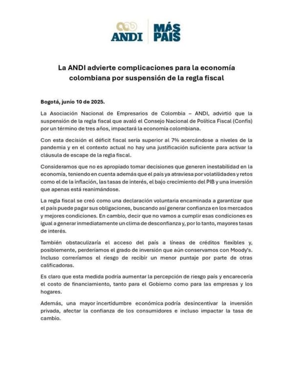 ANDI advierte riesgos económicos por suspensión de la regla fiscal en Colombia