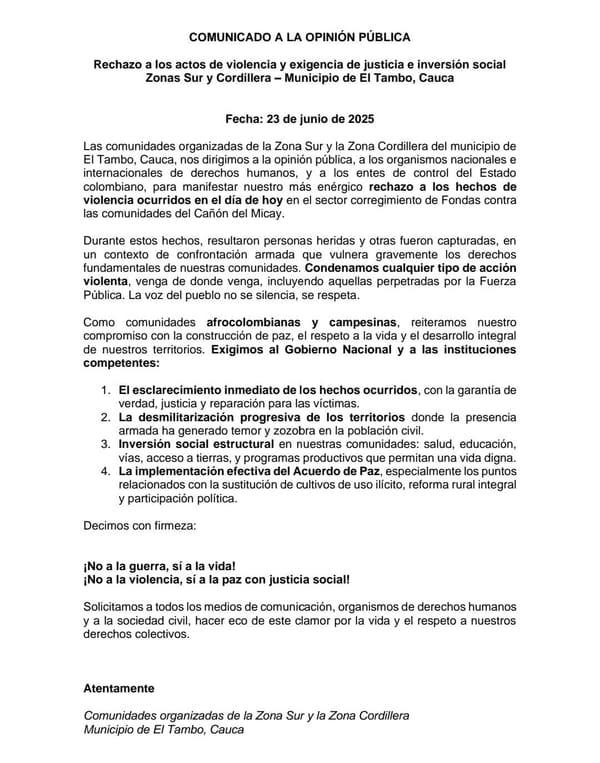 Comunidades del Cañón del Micay denuncian montaje militar y rechazan acciones contra el campesinado