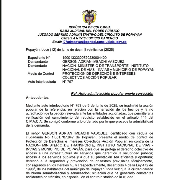 Admitida acción popular contra el Estado por la deficiente semaforización en Popayán