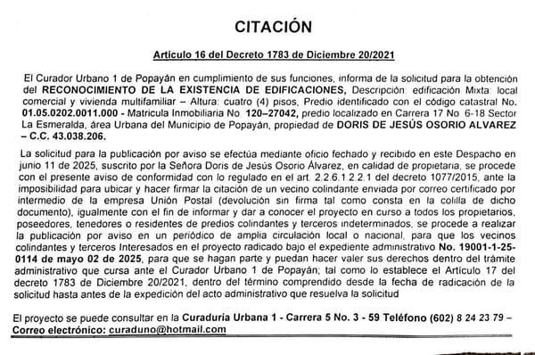 Solicitud de reconocimiento de la existencia de edificaciones  para el predio ubicado en la Carrera 17 No 6-18 Sector la Esmeralda, propiedad de Doris de Jesús Osorio Álvarez