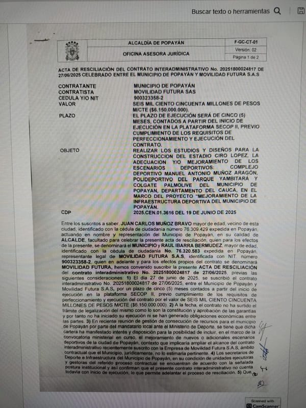 Alcaldía de Popayán rescindió contrato de $6.150 millones con Movilidad Futura por falta de competencia funcional y posible nulidad.