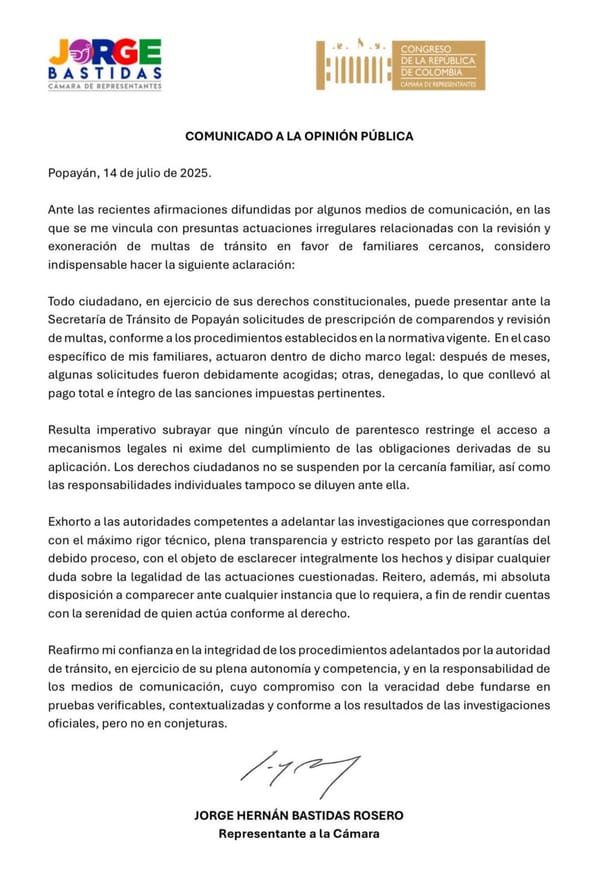Jorge Bastidas aclara presuntas irregularidades por exoneración de multas de tránsito a familiares