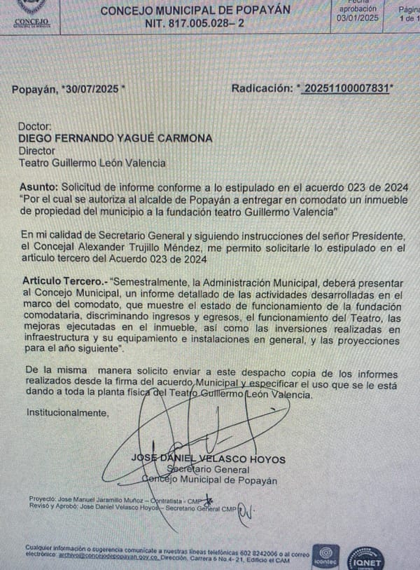 Concejo de Popayán pide informe por supuesto uso indebido del Teatro Guillermo Valencia