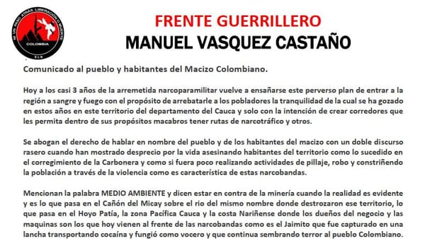 ELN amenaza a pobladores del Macizo Colombiano y declara objetivo a colaboradores de narcobandas