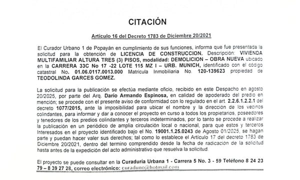 Citación Pública – Solicitud de Licencia de Construcción en Popayán