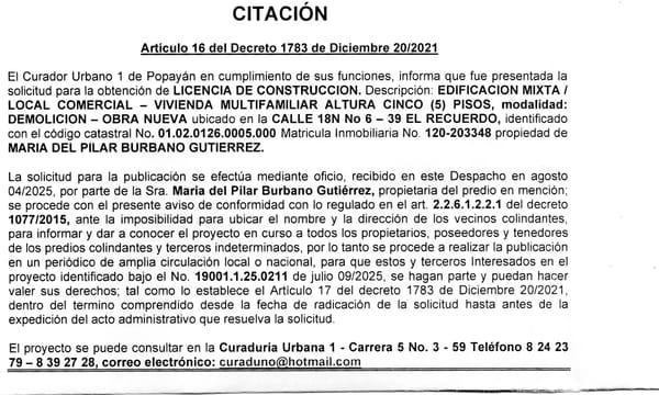 Solicitud de licencia urbanística de construcción para el predio ubicado en la Calle 18N No 6-39 El Recuerdo, propiedad de María del Pilar Burbano Gutiérrez