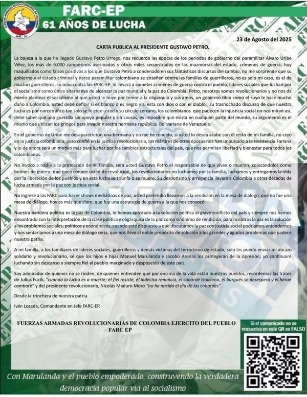 FARC-EP lanzan dura carta pública contra Gustavo Petro y reafirman la lucha armada