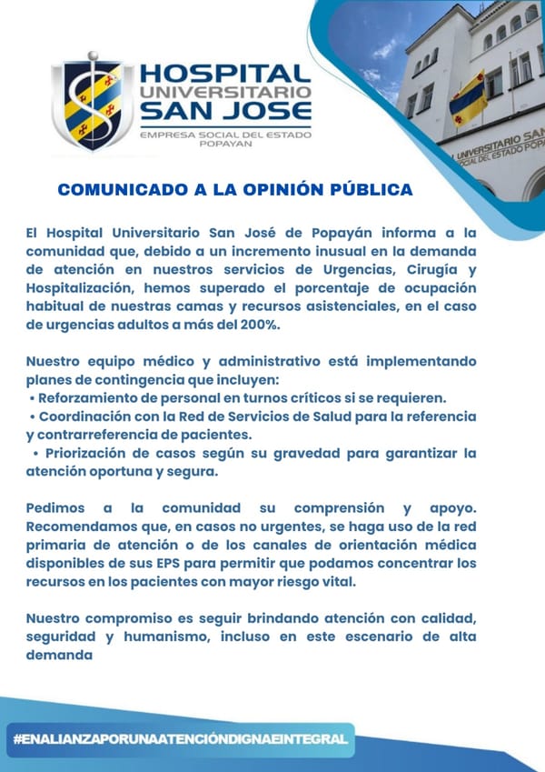Hospital San José de Popayán activa contingencia tras sobreocupación en urgencias