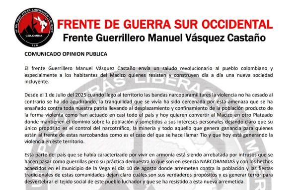 ELN denuncia a “narcobandas” en el Macizo y anuncia restricción nocturna en varios municipios