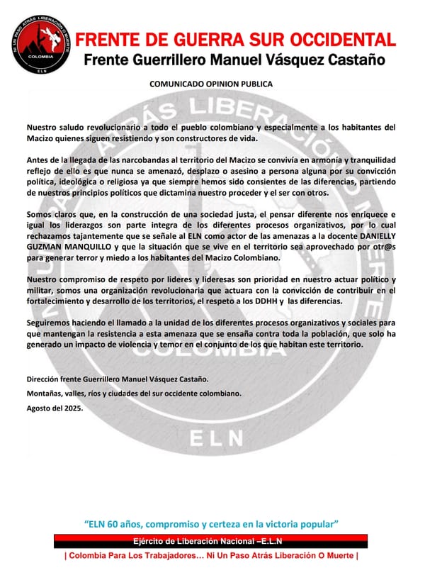 ELN niega amenazas contra docente y llama a la unidad en el Macizo colombiano