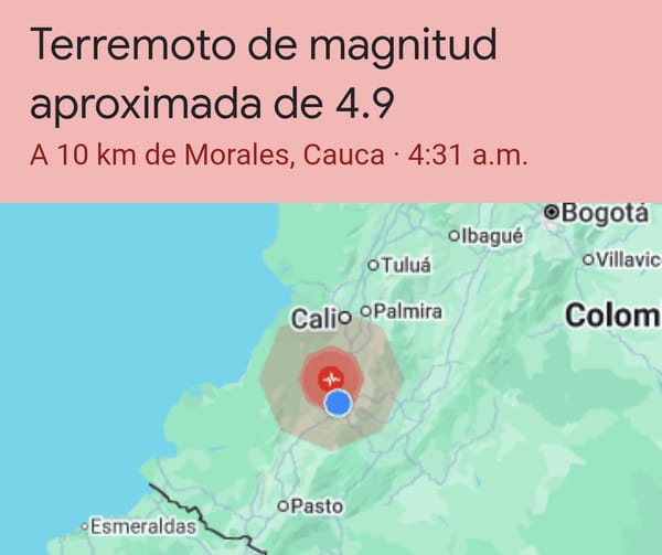 Terremoto de magnitud 4.9 sacudió la madrugada en Morales, Cauca