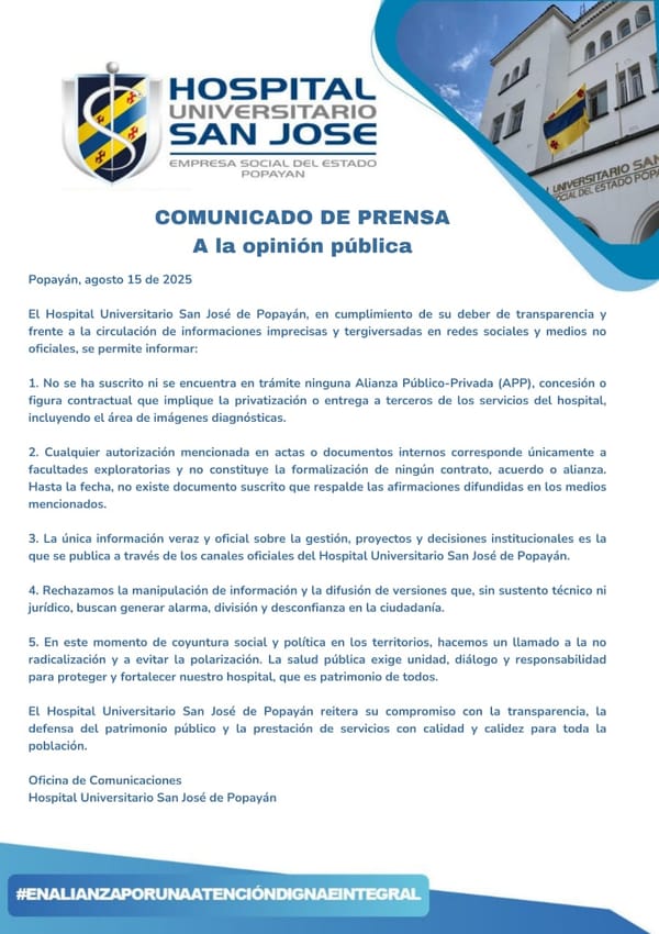 Hospital San José de Popayán desmiente rumores de privatización de servicios