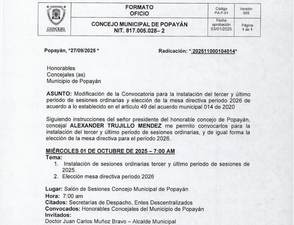 Una jugada a la vieja usanza: el Concejo de Popayán prepara la elección de Daniel Muñoz como presidente