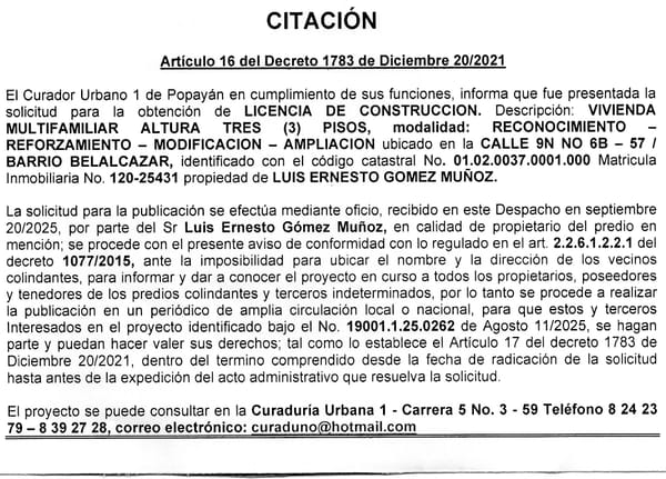 Solicitud de licencia urbanística de construcción para el predio ubicado en la Calle 9N No 6B-57, barrio Belalcázar, propiedad de Luis Ernesto Gómez Muñoz