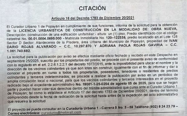 Solicitud de licencia urbanística de construcción para el predio localizado en el lote 128 en el sector de Atardeceres de la Pradera, propiedad de Iván Darío Rojas Alvarado y Adriana Paola Rojas Gaviria