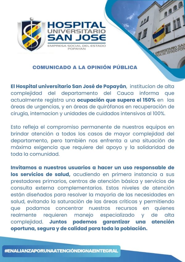 Hospital José de Popayán reporta sobreocupación del 150% en urgencias y 100% en UCI