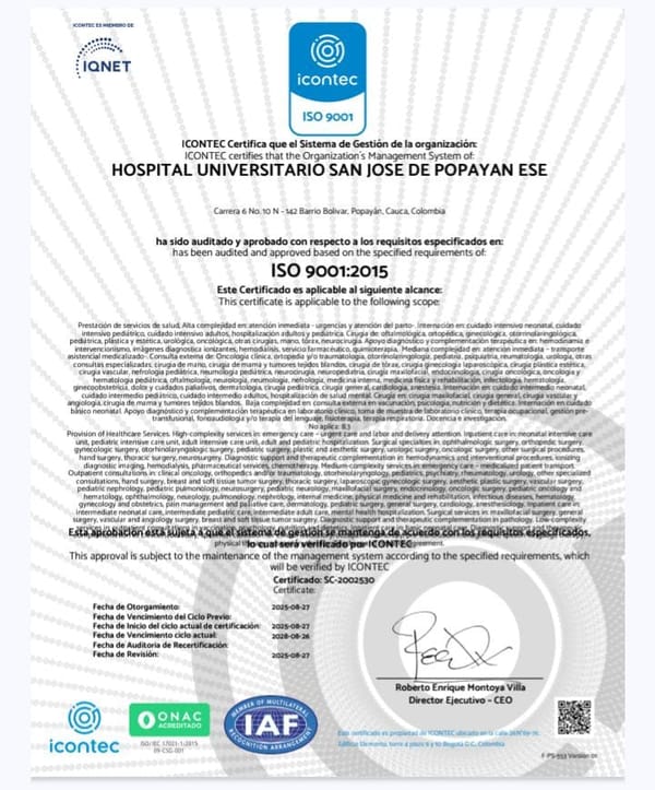 Juan Carlos Arteaga consolida la certificación ISO 9001 en el Hospital Universitario San José de Popayán