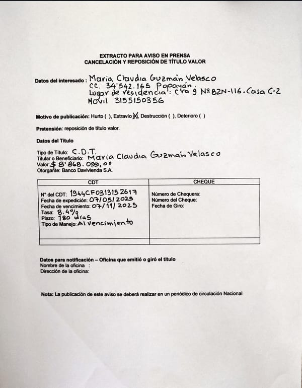 Aviso: cancelación y reposición de título valor (CDT) de María Claudia Guzmán Velasco