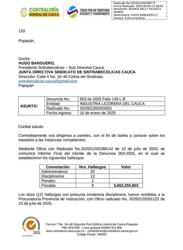 Contraloría del Cauca halla $3.652 millones en presuntos detrimentos en la Licorera: 12 casos a Procuraduría y 2 a Fiscalía