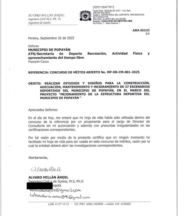 Secretaría de Deporte de Popayán bajo la lupa: denuncian uso irregular de hojas de vida en concurso de méritos