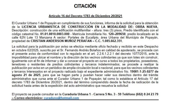 Solicitud de licencia urbanística de construcción para el predio localizado en la calle 62N Lote 13 Manzana A sector: Portales de Eucalipto, propiedad de Cristian Anderson Muñoz Perafan
