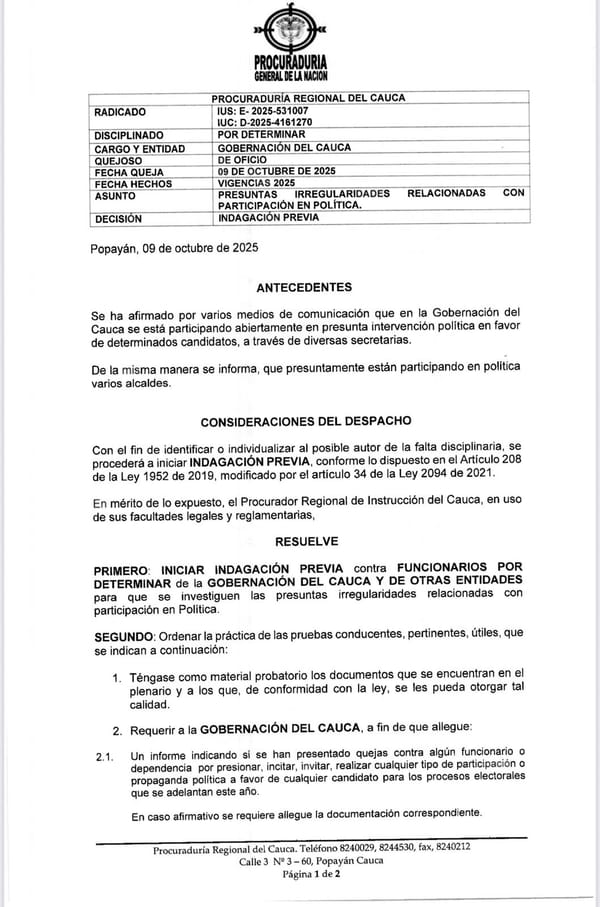 Procuraduría investiga a funcionarios de la Gobernación del Cauca por presunta participación en política