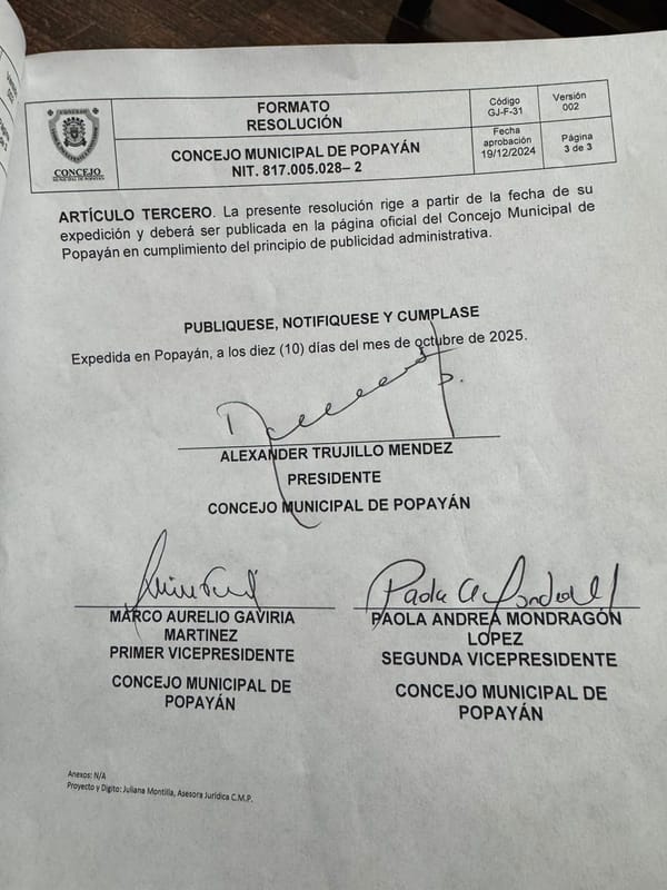 Concejo de Popayán revoca la convocatoria para elegir Contralor 2026–2029 tras denuncias de ilegalidad
