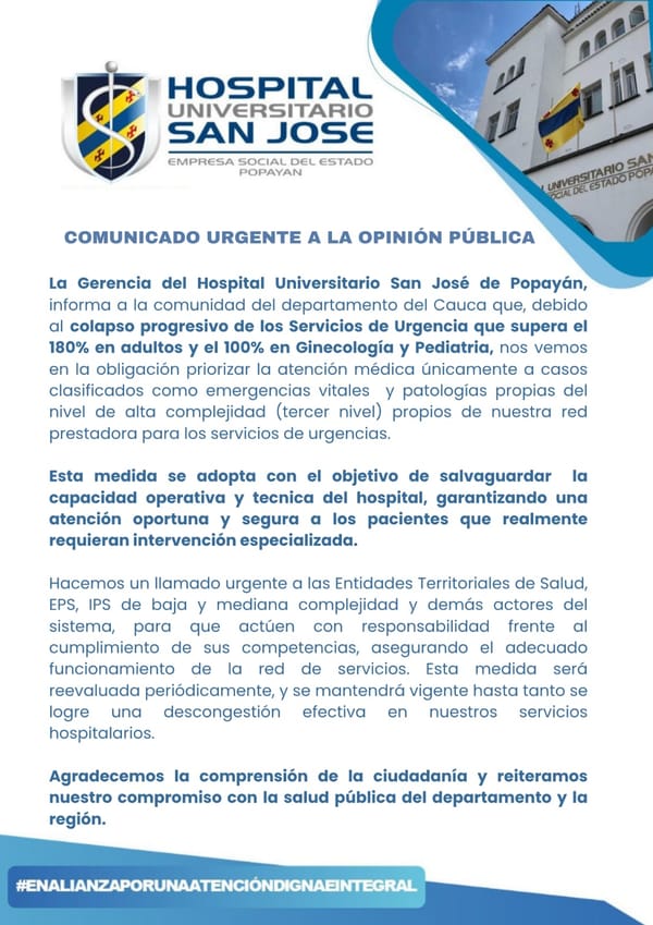 Hospital San José de Popayán declara colapso en urgencias y prioriza solo emergencias vitales