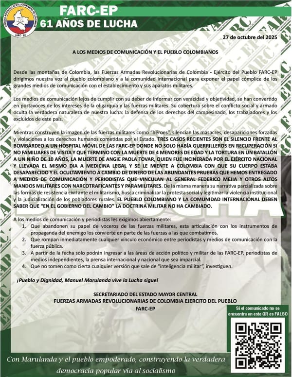 FARC-EP reaparecen con comunicado político tras 61 años de lucha