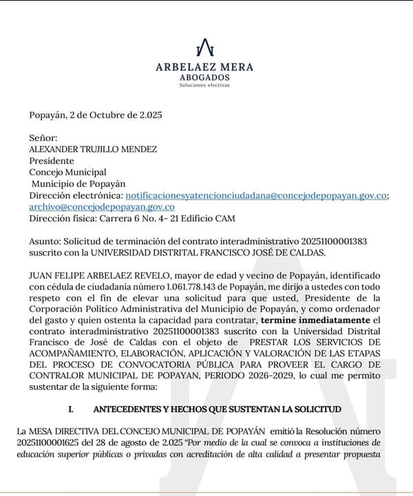 Popayán: proceso para elegir Contralor 2026-2029 en riesgo por presuntas fallas jurídicas en contratación