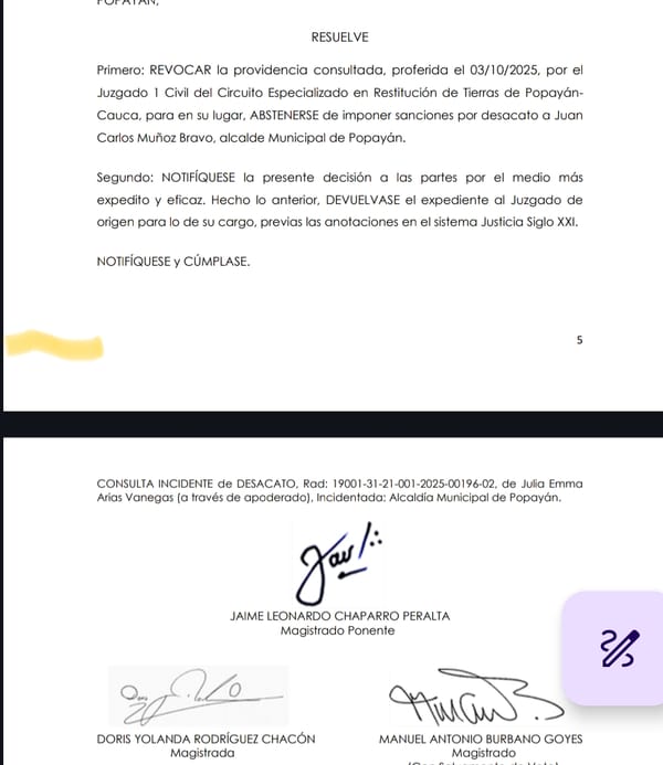 El “fallo” que nunca fue: Tribunal revoca sanción al alcalde de Popayán tras error judicial
