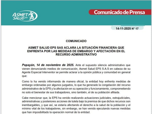Asmet Salud EPS explica su situación financiera tras millonarios embargos