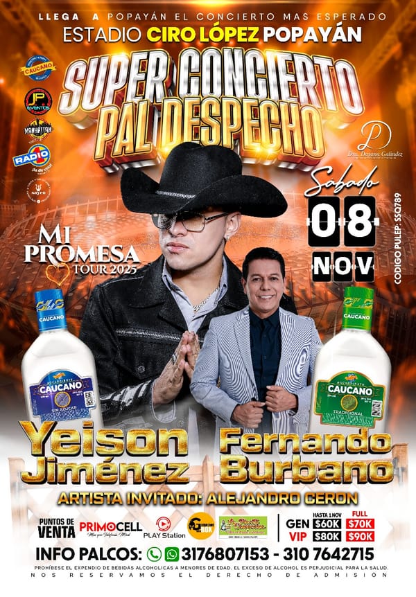 Concierto Popayán: Yeison Jiménez y Fernando Burbano encenderán el Estadio Ciro López el 8 de noviembre