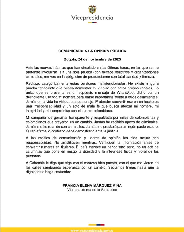 Francia Márquez califica de "infamias" los supuestos vínculos con organizaciones criminales