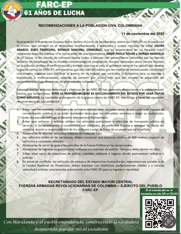Nuevo comunicado atribuido a las FARC-EP circula en el Cauca con mensajes a la población civil