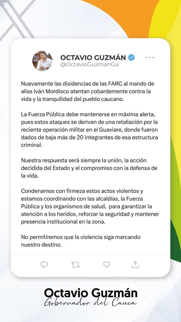 Gobernador Octavio Guzmán condena nuevo ataque de las disidencias de las FARC en el Cauca